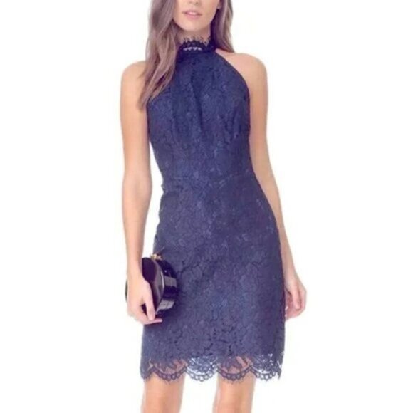 BB Dakota Dress Lace Floral Cara High Neck Navy Blue Shift Womens Size 0 - Picture 1 of 7